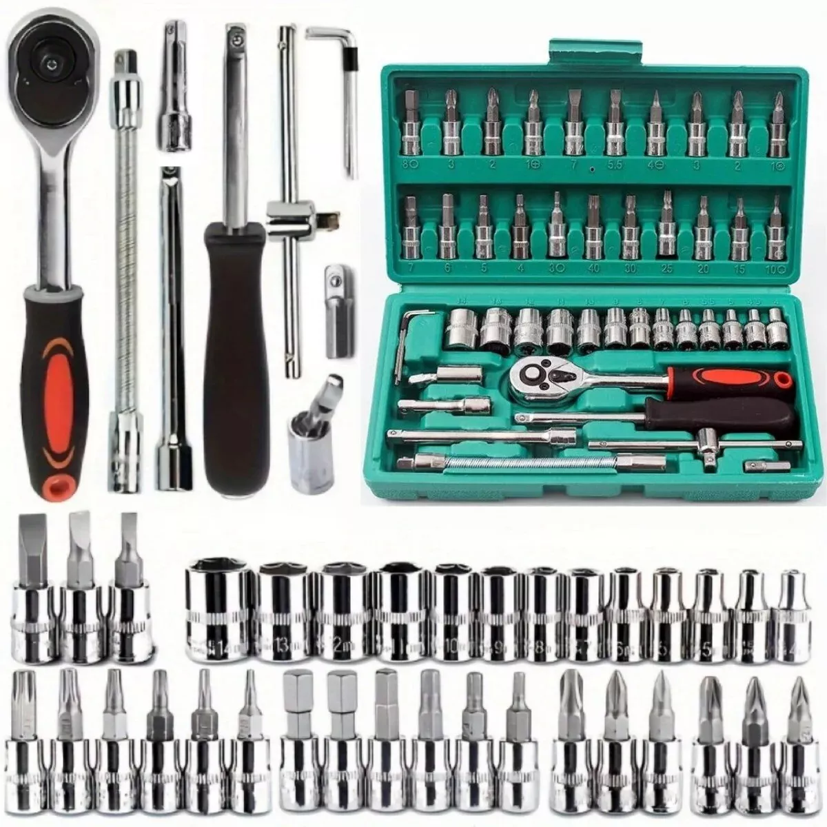 46PCS Socket Set 1/4″ Drive Ratchet Spanner Metric Drive Small Socket Set and Ex