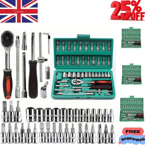 46PCS Socket Set 1/4" Drive Ratchet Spanner Metric Drive Small Socket Set and Ex
