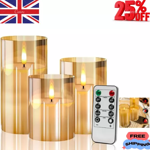 Gold Glass Flameless Battery Candles Flickering with Remote,Timer, Wicking Real