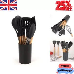 12Pcs Silicone Kitchen Utensils Set – Non-Stick Cooking Tools with Wooden Handle